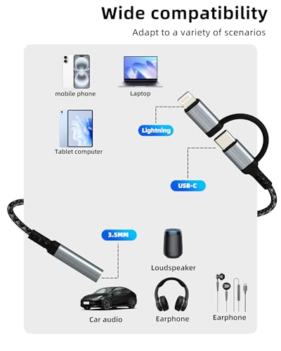 USB C Lightning to 3.5mm Audio Adapter(2in1) for iPhone 16 15 14 13 Pro Max AUX Headphone Jack Cable for Apple Dongle Car Microphone Female Connector Compatible for Samsung Adaptor Headset Adaptador