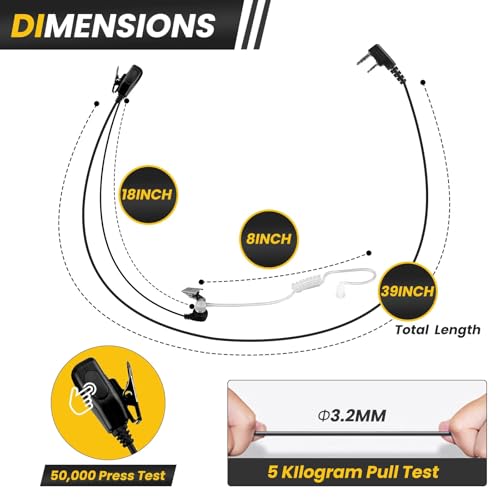 5pcs Walkie Talkie Earpiece with Mic for Retevis Pxton Baofeng | K-Type 2-Pin, Acoustic Tube Two-Way Radio Headset Compatible with Kenwood, Wouxun, SAMCOM Walkie Talkies