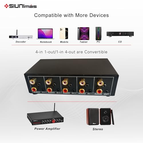4-in 1-Out RCA and 3.5mm Aux Audio Receiver Switching Box 4 Channels Audio Converter Passive Audio Selector Switch Box 1-in 4-Out (S401-RCA AUX)