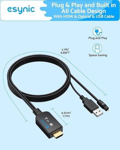 eSynic 192KHZ HDTV ARC/eARC to Old Optical Soundbar Converter-USB Power | 7 ft Long Compact Cable Design-Easy to Setup-Support PCM/Dolby5.1/DTS 5.1 Audio Formats-Necessary to Setup On TV - size: 7 ft Cable Long