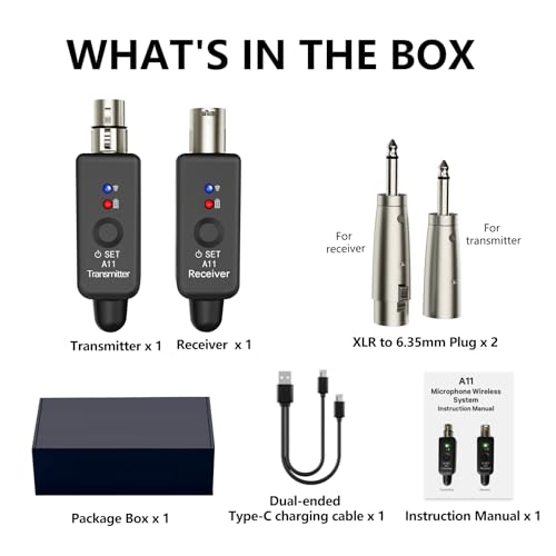 A11 Wireless XLR Microphone System 2.4GHz Transmitter and Receiver | 100ft/30m Range, 24-bit/48kHz, Low Latency, Rechargeable, for Dynamic Microphone, Audio Mixer, PA System (A11(1TX+1RX))