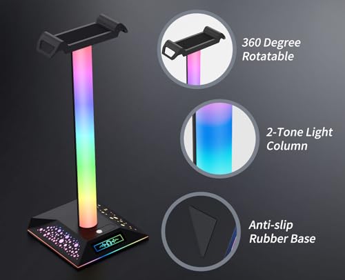 RGB Gaming Headset Stand, LED Headset Holder with 10 Lighting Modes, Headphone Stand Cool Stuff for Boys, Desk PC Gaming Accessories Gifts for Gamers Men Adult, Medium - color: White Black