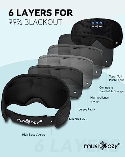 MUSICOZY Sleep Headphones Bluetooth 5.4 Sleep Mask with HD Sound | Breathable Flat Design with Cooling Lining, Washable Headband, 14 Hours Playtime for Travel Meditation Relaxation Gifts - color: Light Black