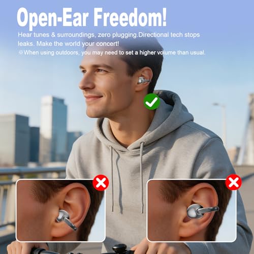 Clip-On Earbuds Open-Ear Wireless Bluetooth 6.1 Headphones with Mic,Bone conduction headphones, Secure Fit for Small Ears & Glasses Wearers,LED digital display, IPX7 Waterproof Sport Ear Buds(Black)