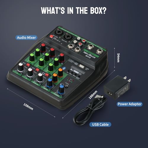 DJ Audio Mixer, DJ Mixers 4 Channel Sound Board with Bluetooth, NEW BAXS Sound Mixer Board XRL/1/4" Interface, USB/MP3 Computer Input 48V Phantom Power Stereo DJ Studio Streaming KTV Stage,Balck