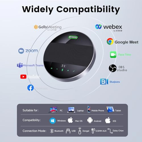 TONGVEO 2-in-1 Conference Speaker and Microphone, Daisy Chain Wireless Bluetooth Speakerphone with 360° omnidirectional mics USB/Dongle/Bluetooth Connection 18H Talk Time for 15-30 People Meeting - color: Black