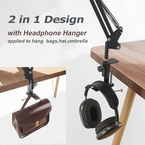 Table Clamp Mount for Microphone stand, Microphone Clamps for Desk with Headphone Hanger, Metal Desk Clamp for Microphone suitable for swing arm phone stand, Table Mounting Clamp hang hat Handbag