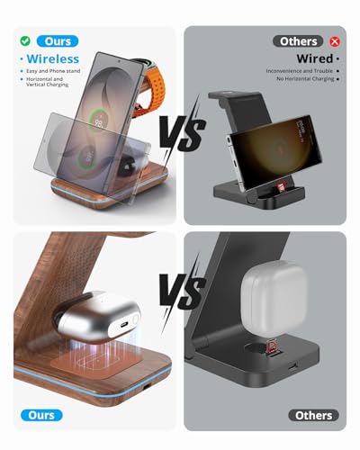 3 in 1 Wireless Charger for Samsung: JoyGeek Charging Station for S26/S25/S24/S23/S22/S21/S20/Note20/Z Fold&Flip, Galaxy Watch8/7/6/5/4/3/Active2/1, Buds 3 Pro - color: Woodgrain