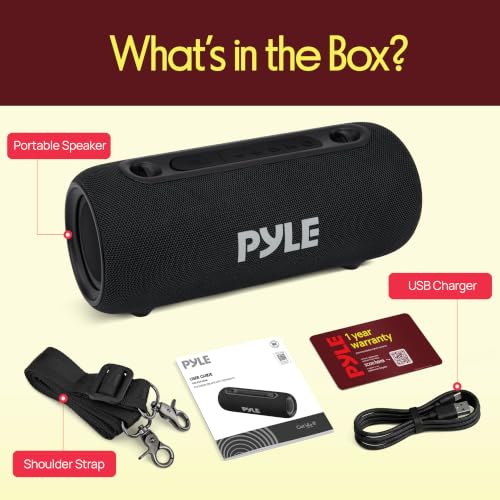 Pyle Portable Bluetooth Speaker - RGB LED, IPX5 Waterproof, TWS Stereo Pairing, USB/AUX/FM, Built-in Mic, USB-C Charging, 7H Battery, Shoulder Strap - Party, Outdoor, Travel, Home - PBTPSP25BK