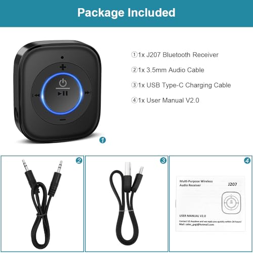 Golvery Bluetooth 5.4 Receiver, HiFi Wireless Audio Adapter for Car/Speaker | 3.5mm AUX Bluetooth Adapter for Home Stereo/Wired Headphones, Built-in Microphone for Handsfree Calls, Dual Connection, 20H - style: Stereo J207 with Mic & Volume Control