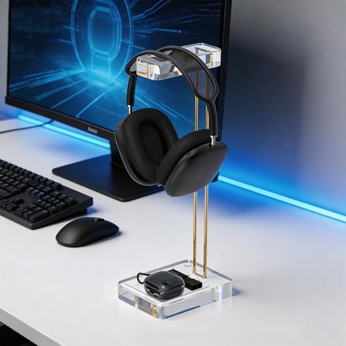 GEEKRIA Headphone Stand for Desk, Clear Acrylic Headset Stand with Gold Metal Accent, Gaming Headphone Holder, Universal Desktop Display Stand for Over-Ear Headphones