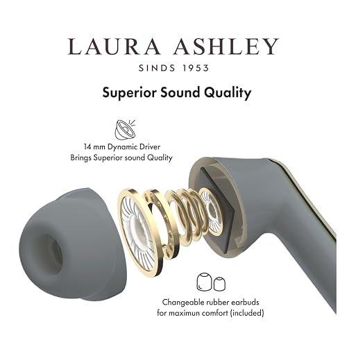Laura Ashley TWS Wireless Earbuds - VQ Skylark Rechargeable Ear Buds | HD Mic, ENC Noise Cancelling Earbuds, Bluetooth 5.4, 40H Backup Charging Case, iOS & Android Compatible Earphones, 10m Range - color: Pussy Willow Sea Spray
