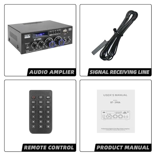 BT-398A Bluetooth 5.0 Stereo Receivers,2 Channel 450W Home Amplifier | 450Wx2 Stereo Receiver with FM Radio,USB/SD/AUX Optical & Coaxial Input for Passive Speakers