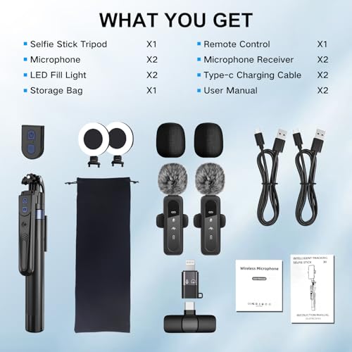 Content Creator Vlogging Kit for iPhone/Android,70-inch Auto Face Tracking Tripod for iPhone with Light and Wireless Microphones,TikTok/YouTube Starter Kit - color: Black-LM
