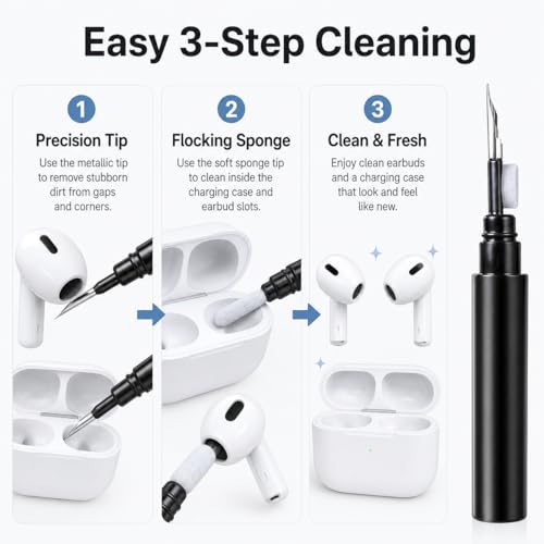 Black Multi-Functional Earbud Cleaning Pen Kit, Wireless Earphone Cleaner Tool with Storage Case, Fluff Brush & Metal Pick for Bluetooth Earbuds Charging Case, Phone Port Camera Lens Cleaning Tool - color: Black