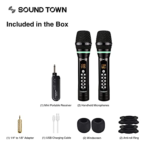 Sound Town 100-Channel UHF Rechargeable Wireless Handheld Microphone System with Built-in Effects, 1/4" Mini Portable Receiver for Karaoke, Events, Church, Meetings (SWM01-U2HH) - size: 100-Channel UHF with 2 Handheld Mics