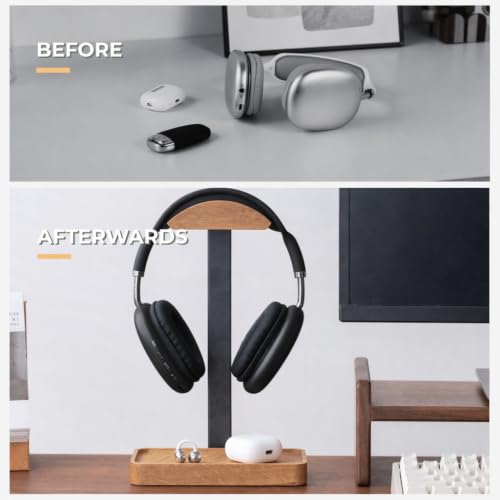 muso wood Oak Headphone Stand, Wood Headset Stand with Storage Base | Desk Holder for Gaming & Office, Compatible with AirPods Max, Bose, Razer Headsets - color: Oak wood