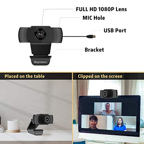 Septekon 1080P HD Webcam with Microphone, Streaming Computer Web Camera for Laptop/Desktop/Mac/TV, USB PC Cam for Video Calling, Conferencing, Gaming