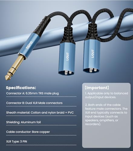 Tisino 1/4" TRS to Dual XLR Male Stereo Y-Splitter Breakout Cable, 6.6FT - size: 2m/6.6feet, style: 1/4" TRS to 2 XLR Male