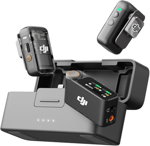 DJI Mic 2 (2 TX + 1 RX + Charging Case), Wireless Lavalier Microphone, Noise Cancelling, 820 ft. Range, Microphone for iPhone, Android, Camera Bundle with 2X Omnidirectional Condenser Lavalier Mics