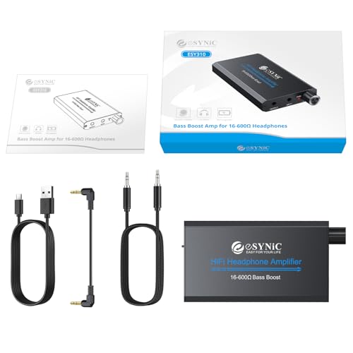 eSynic 16-600Ω Bass Headphone Amp Portable - HiFi 3.5MM Audio Headphone Amplifier Rechargeable with Bass Switch-Aluminum Alloy Case &12H Playtime-0.005% THD for MP3/Phone/PC/Laptop/Car (3.5mm AUX)
