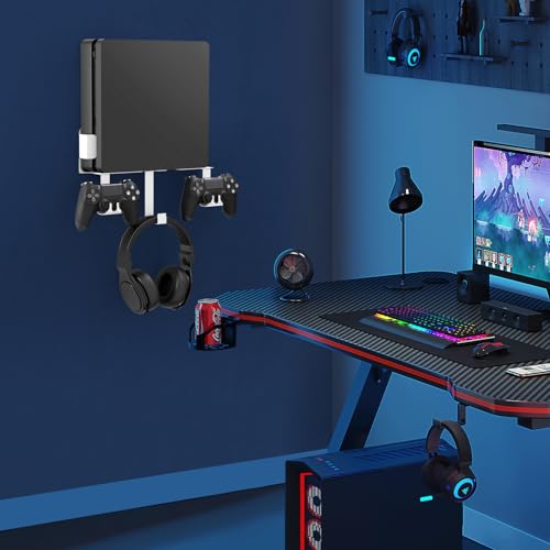 Wall Mount Kit with Detachable 2 Controller Holder & Headphone Hanger, Metal Wall Mount Stand Compatible with PlayStation 4 Slim - color: White