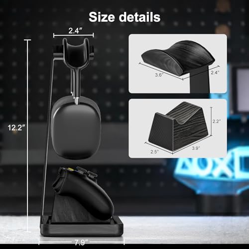 UPERGO Solid Wood Headphone Stand with Controller Holder for Desk