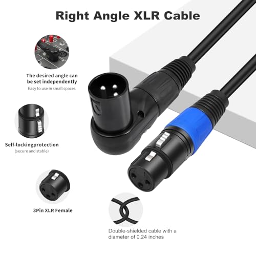Right Angle XLR Cable 1FT, 2Pack, Black, Straight Female to 90 Degree Male Microphone Cable Cord, 3Pin XLR Adapter for Sound Devices Mixer Recorder - size: 1FT, style: R/A Male to ST FM