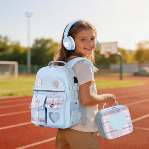 ACESAK Backpack for Girls with Headphones - Girls Backpack with Lunch Box, Pencil Case & Kids Headset - 3.5mm Wired Headphones for School Bookbag Schoolbag Set Back To School Gift (Blue) - color: Blue
