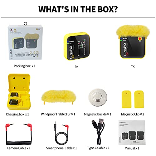 LENSGO 348C 2.4Ghz Wireless Lavalier Microphone 32GB TF Card Slot Compact Lav Mic 1 Transmitter and 1 Receiver Wireless Lapel Microphone for iPhone Smartphone Camera Vlog YouTube Interview Streaming Y - color: Yellow-1s