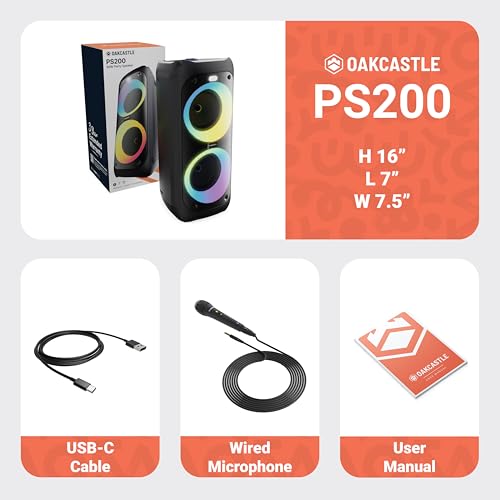 Portable Bluetooth Party Speaker | 80W Power & Rechargeable Battery up to 5H | Big Bluetooth Speaker 2.0 with Wired Microphone | Karaoke Mode, Party LED Lights & EQ Control | Oakcastle PS200