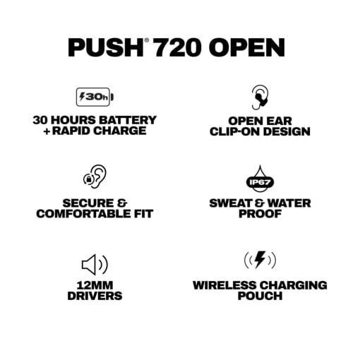 Skullcandy Push 720 Open Wireless Open-Ear Bluetooth Earbuds - True Black | Waterproof, Clip-On Lightweight Design, 30 Hours Battery, Wireless Charging Pouch, Exercise, Running Outdoors, Gym, Fitness - color: Black/Silver