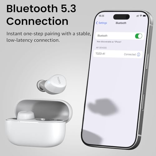 TOZO A1 Wireless Earbuds Bluetooth 5.3 Light Weight in Ear Headphones | IPX5 Waterproof, 2 Mics for AI Calls, Immersive Premium Sound Bass Ear buds with Charging Case, 32 Presets EQ via TOZO App - color: Matte White