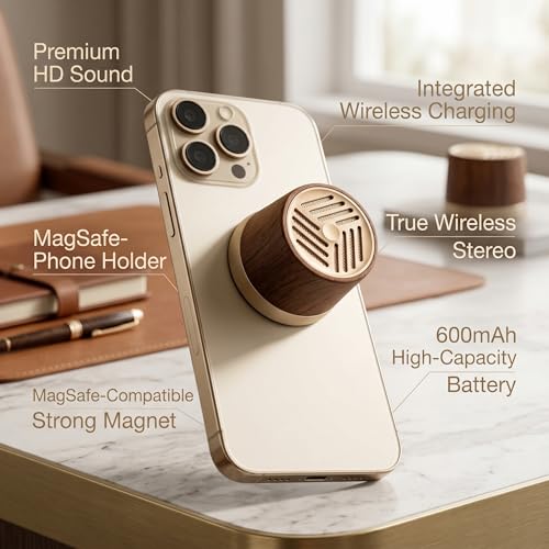 Topadorn Mini Portable Speaker Magnetic Bluetooth Speaker | Wireless Charger, MagSafe Compatible Phone Stand with TWS Pairing - color: Brown