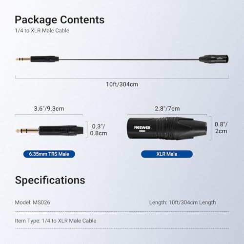 NEEWER 6.35mm 1/4 TRS to XLR Male Cable, 10ft Quarter Inch to 3 Pin XLR Balanced Signal Interconnect Microphone Patch Cord Adapter Connector for Mic Amplifier Mixer Powered Speaker Guitar Tuner, MS026 - size: 6.35mm(304cm), style: XLR Male