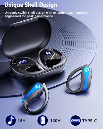 Wireless Headphones with Microphone for Sports and Running IPX7 Waterproof Bluetooth Earbuds with Earhook for Workouts