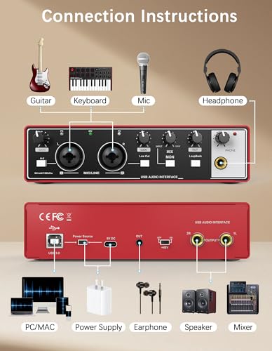 HOSONGIN 초보자를 위한 USB 오디오 인터페이스 - 24비트/192kHz, 48V 팬텀 파워, 팟캐스트/보컬/기타/유튜브, PC/맥/iOS 호환 플러그 앤 플레이 녹음, 뉴 레드 메탈)