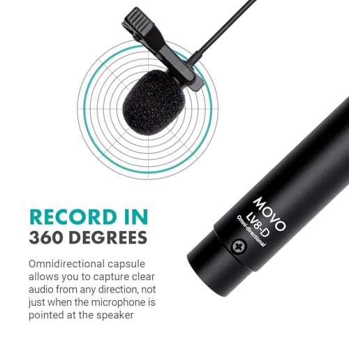 Movo LV8-D Broadcast-Quality XLR Lavalier Omni-Directional Wired Microphone with 12mm Mic Capsule for Accurate Voice Recording - Kit Includes Lapel Clip, Case and Windscreen