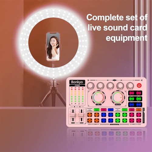 F999 Pink Live Streaming Sound Card, Professional Audio Mixer, Voice Changer Soundboard with Audio Interface, Bluetooth, Noise Reduction, DJ Mixer Board for Live/Podcasting/Gaming - color: Pink