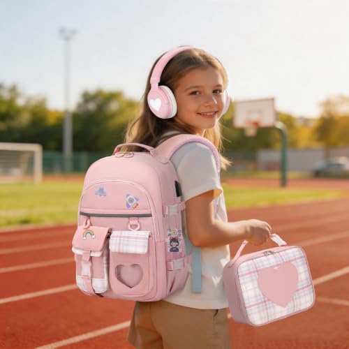 ACESAK Backpack for Girls with Headphones - Girls Backpack with Lunch Box, Pencil Case & Kids Headset - 3.5mm Wired Headphones for School Bookbag Schoolbag Set Back To School Gift (Pink) - color: Pink