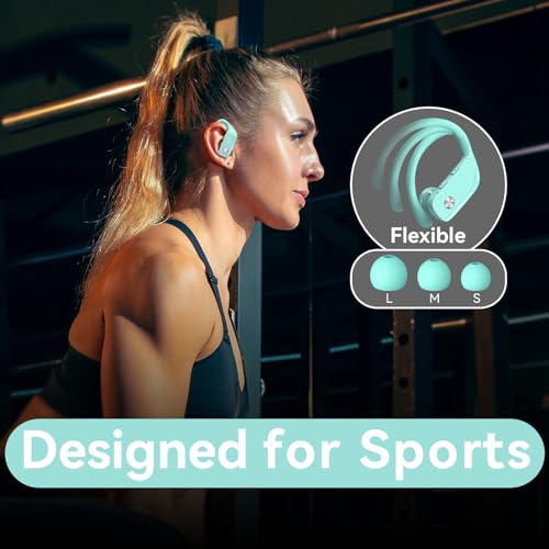 bmani Ear Buds Wireless Earbuds Bluetooth Headphones with 80H Playtime LED Display Case, Over-Ear Hook with Mic, Stereo Sound, Easy Button Controls, Sports Earphones for Running Workout Gym Mint Green - color: Mint Green, style: Standard