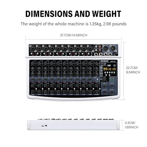 BOMGE 12 Channel Professional Audio Mixer, Bluetooth Studio Mixer with USB, 48V Power, XLR/RCA Inputs, 99 DSP Effects For Professional and Beginners (12F-W)