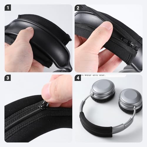 3 PCS Headphone Headband Covers, 1 PCS Headphone Band Cover with Zipper and 2 Pairs Elastic Headphones Covers for Men Women Studying Sports Gaming Gym, Black