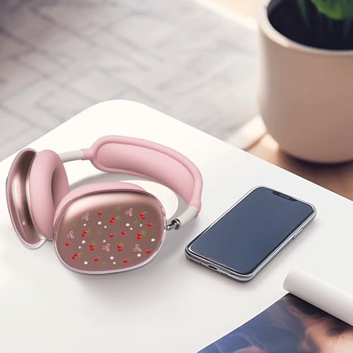 Pink Cherry Bow Clear Case for Airpods Max Headphones Cute Kawaii Soft TPU Ear Cups Cover Anti-Scratch Silicone Ear Pad Protective Case Fashion Print Headband Cover for Apple Airpods Max - color: Cherry bow 05