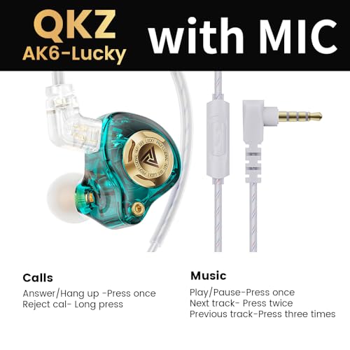 Qkz Ak6 Lucky in Ear Monitor, HiFi Wired Earbuds, Tunable Sound Wired Headphones Gaming Earbuds with 3-Level Adjusting Switch, Detachable Cable for Music Gaming Video Calling (Green) - color: Green