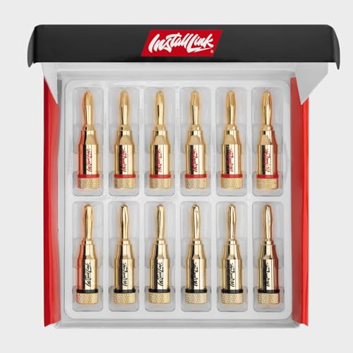 Install Link Banana Plugs for Speaker Wire (12 Pack) Gold-Plated, Red/Black | 14/16/18 AWG (Gauge), Expanding Pins into 4mm Binding Posts, 6 Red + 6 Black, for Home Theater Amps & Receivers
