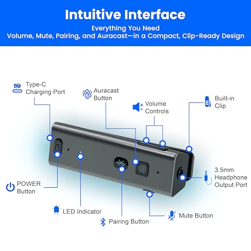BA358 Wireless Bluetooth 5.3 Receiver with Auracast, 3.5mm Jack, aptX Adaptive & HD, 25+ Hour Battery, CVC Mic, Clip-On Design