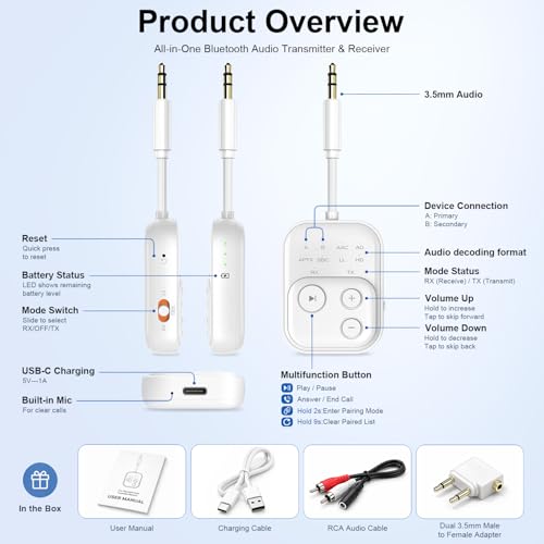 Bluetooth 6.0 Audio Transmitter Receiver, Bluetooth Adapter for TV/Airplane | Dual Link for 2 Headphones, Qualcomm aptX LL, HD, 3.5mm AUX Audio Transmitter for Flight Trave, Gym, Low Latency - color: White