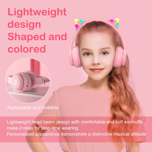 Bluetooth RGB Cat Ear Headphones, Foldable/Built-in Mic, A Pink | Wireless/wired, clear Hi-Fi sound, breathing lights, for kids/adults/girls/school/gaming, works with phone/laptop/PC/tablet - color: A Pink