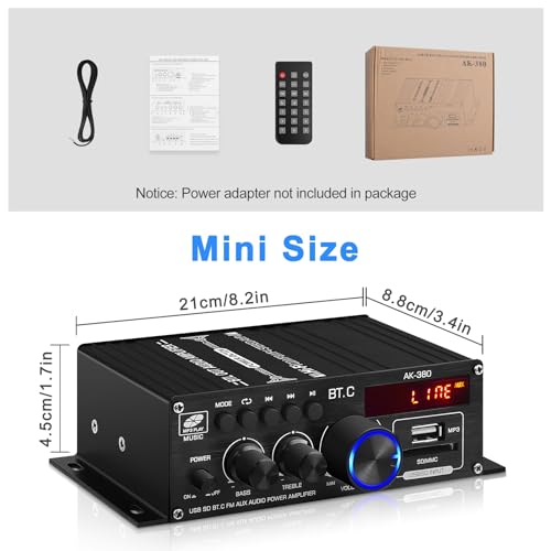Bluetooth 5.0 Audio Power Amplifier AK-380 400W+400W 2.0 CH HiFi Stereo Amp | Mini Amp Receiver with USB,SD,AUX,FM Antenna for Car Home Speaker Bar Party-(Without Power Adapter)